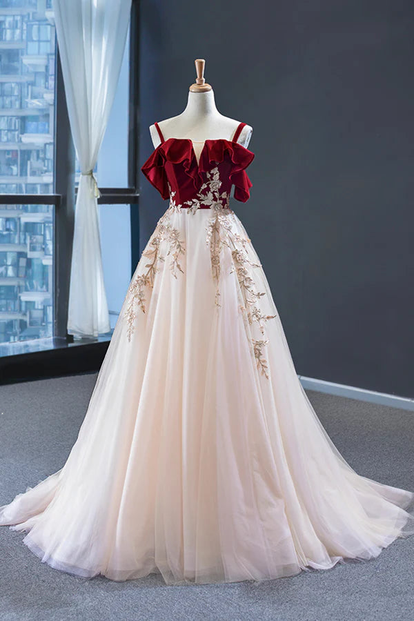 Wholesale Burgundy Velvet Lace Long Prom Dress A-Line Off Shoulder Evening Dress