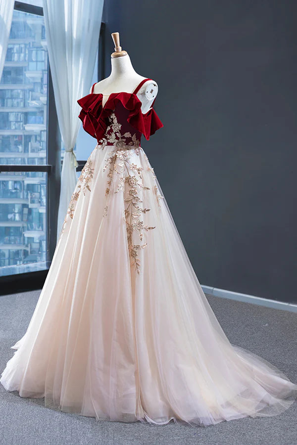 Wholesale Burgundy Velvet Lace Long Prom Dress A-Line Off Shoulder Evening Dress