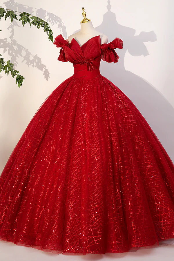 Wholesale Red Tulle Sequins Long Formal Dress Off the Shoulder Evening Dress