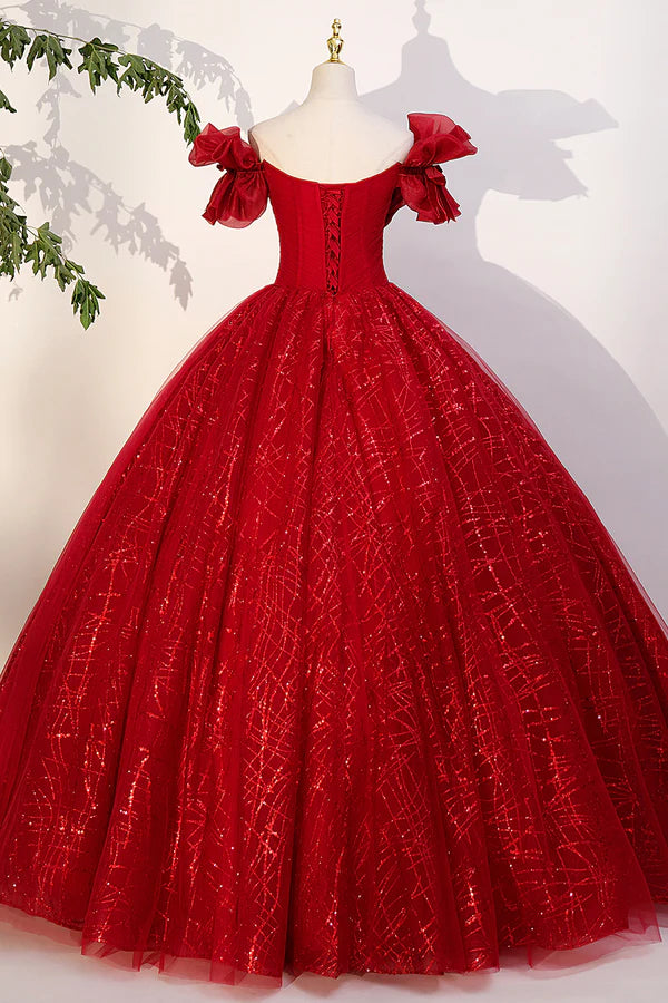 Wholesale Red Tulle Sequins Long Formal Dress Off the Shoulder Evening Dress