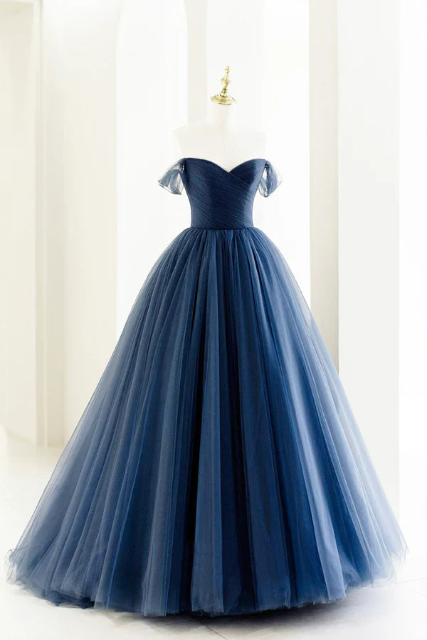 Wholesale Blue Tulle Long A-Line Prom Dress Off the Shoulder Formal Evening Dress