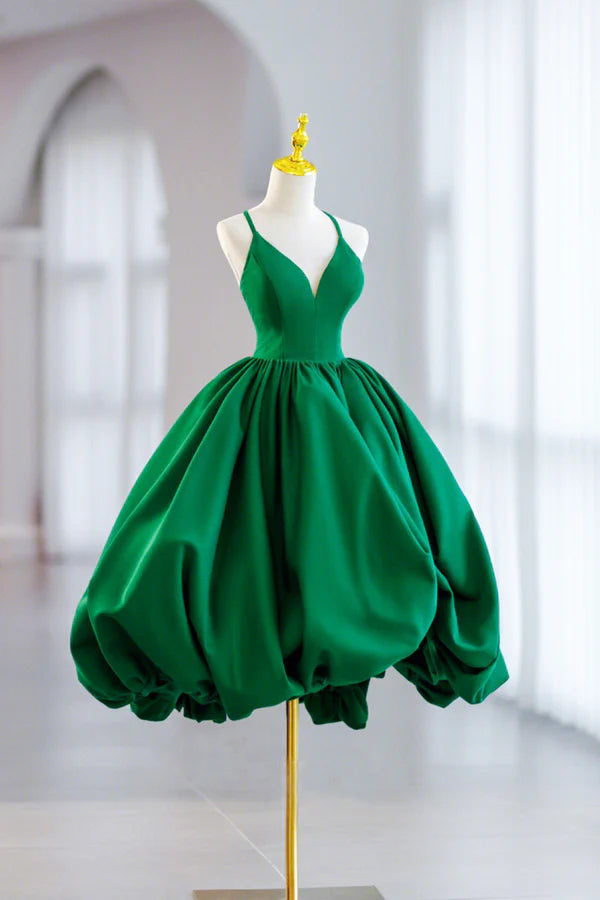 Wholesale Green Satin Short A-Line Prom Dress Green V-Neck Party Dress