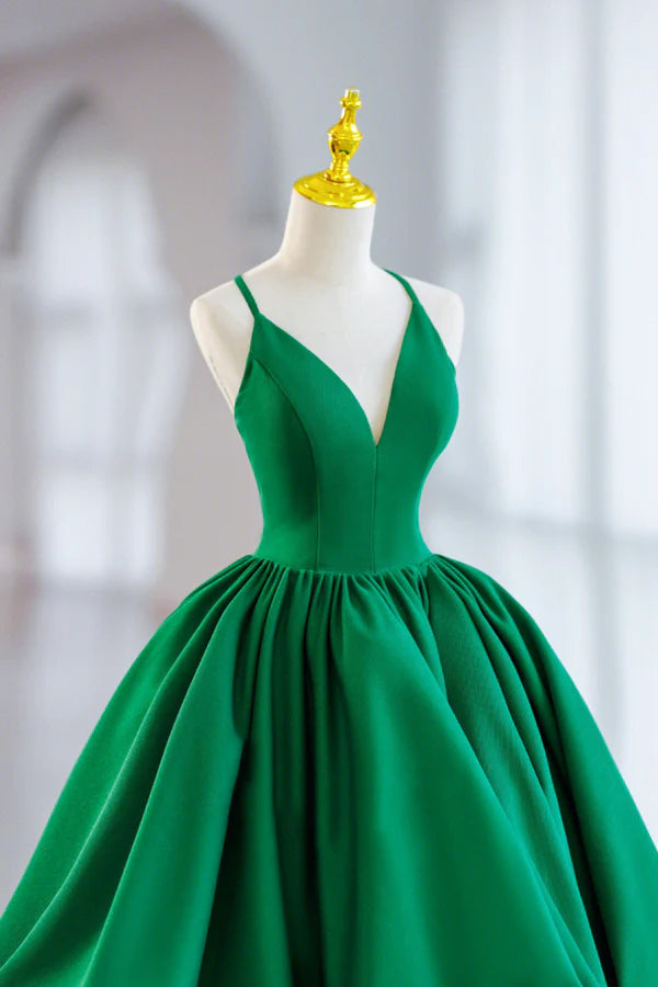 Wholesale Green Satin Short A-Line Prom Dress Green V-Neck Party Dress