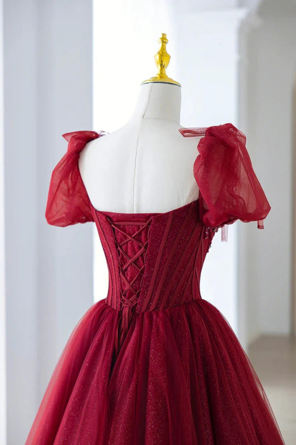 Wholesale Burgundy Tulle Beaded Long Prom Dress A-Line Short Sleeve Evening Dress