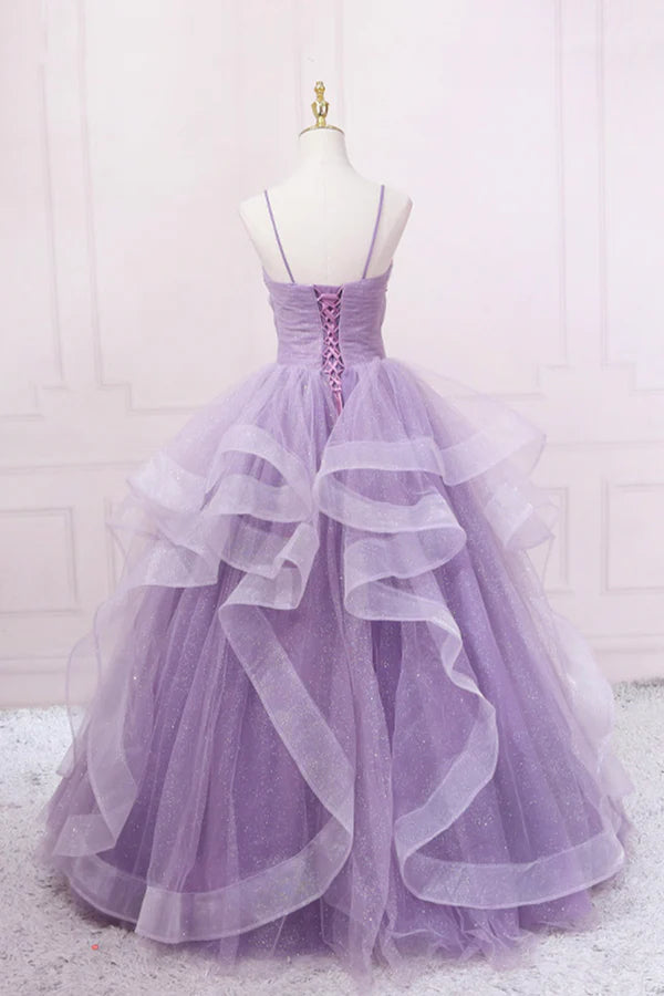 Wholesale Purple V-Neck Tulle Long Prom Dress Spaghetti Straps A-Line Evening Dress