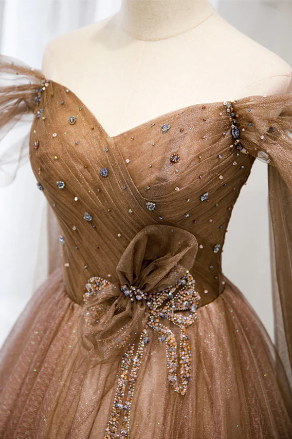 Wholesale A-Line Tulle Beaded Long Formal Dress Off the Shoulder Evening Dress