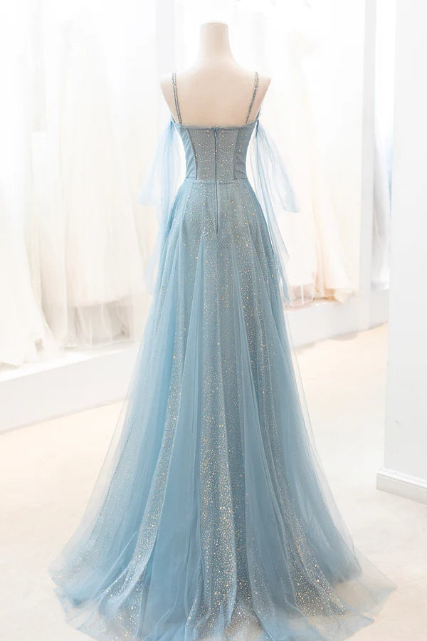 Wholesale Blue V-Neck Tulle Long Prom Dress A-Line Spaghetti Strap Evening Dress