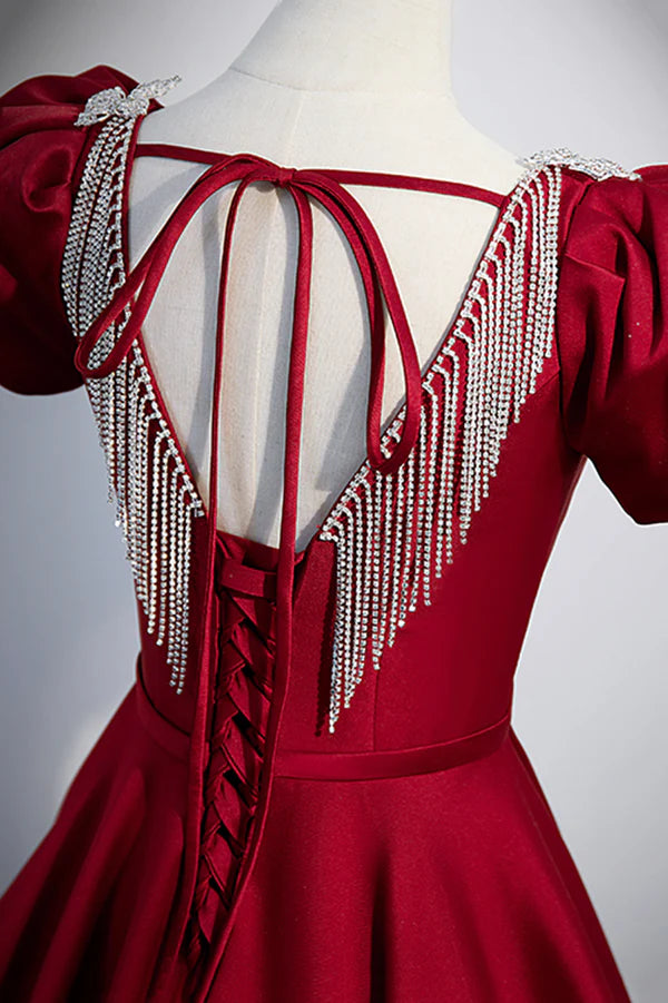 Wholesale Burgundy Scoop Neckline Satin Long Prom Dress Short Sleeve Evening Dress