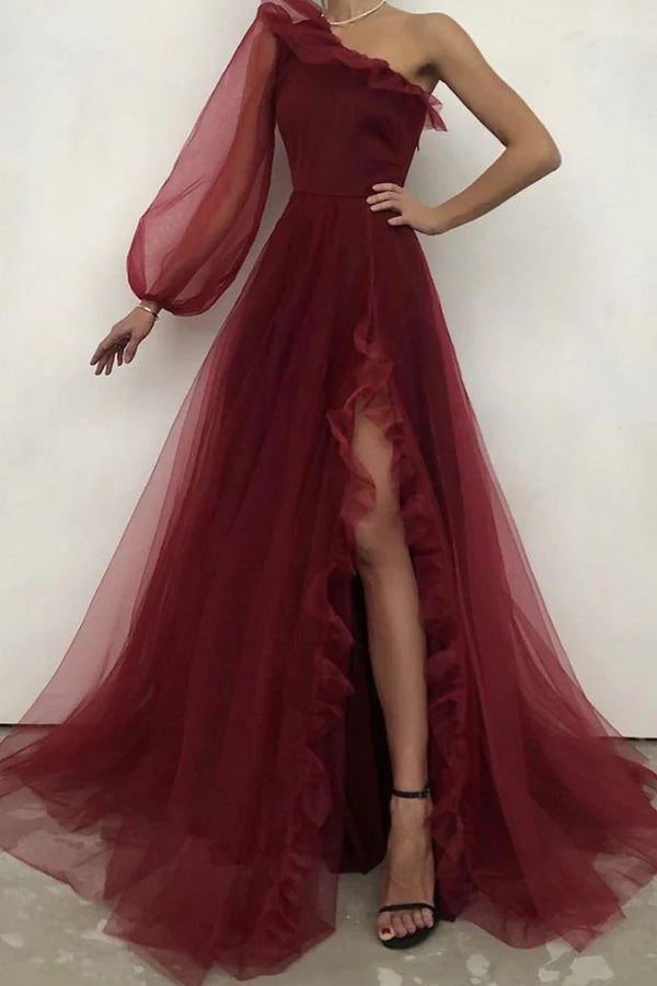 Wholesale Burgundy Tulle One Shoulder Prom Dress A-Line Evening Dress with Slit