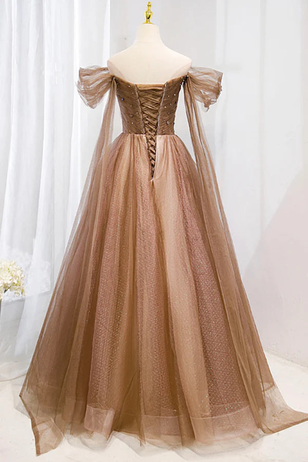 Wholesale A-Line Tulle Beaded Long Formal Dress Off the Shoulder Evening Dress