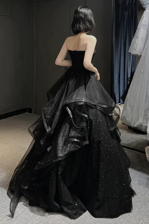 Wholesale Black Tulle Layers Long A-Line Prom Dress Black Strapless Evening Dress