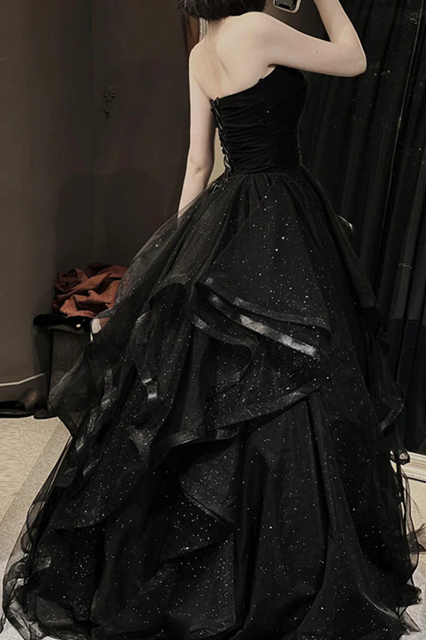 Wholesale Black Tulle Layers Long A-Line Prom Dress Black Strapless Evening Dress