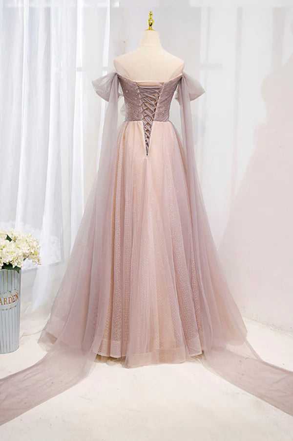 Wholesale Pink Tulle Off the Shoulder Prom Dress with Beaded A-Line Formal Evening Dress