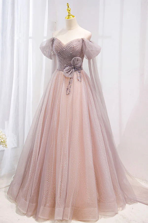 Wholesale Pink Tulle Off the Shoulder Prom Dress with Beaded A-Line Formal Evening Dress