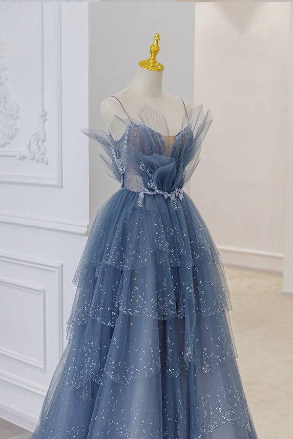 Wholesale Blue Tulle Sequins Long Prom Gown Blue Spaghetti Straps Formal Evening Dress