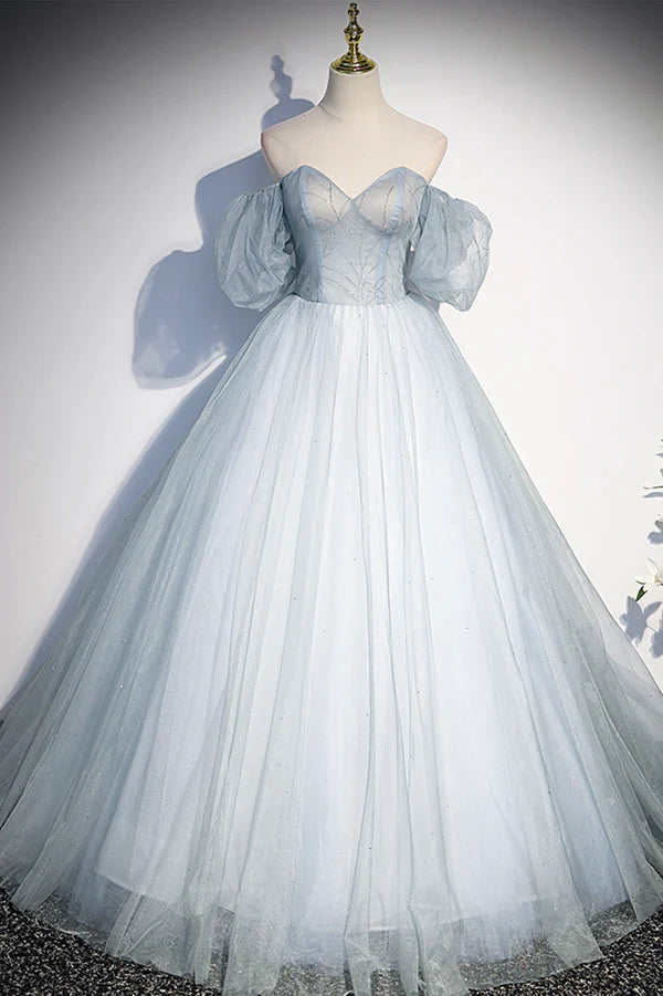 Wholesale Blue Tulle Long A-Line Ball Gown Off the Shoulder Formal Evening Dress