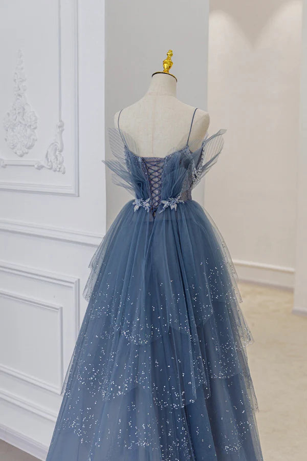 Wholesale Blue Tulle Sequins Long Prom Gown Blue Spaghetti Straps Formal Evening Dress
