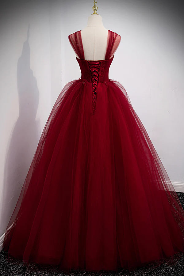 Wholesale Burgundy Tulle Long A-Line Evening Dress Off the Shoulder Formal Party Dress