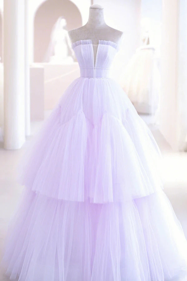 Wholesale Purple Tulle Long A-Line Prom Dress A-Line Strapless Evening Gown