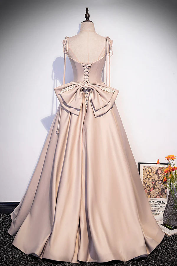Wholesale Pink Satin Long A-Line Prom Dress Cute Spaghetti Strap Evening Dress with Bow
