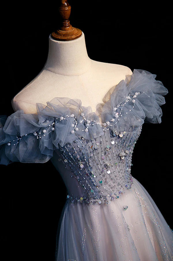 Wholesale High Quality Tulle Long Prom Dress with Beaded A-Line Evening Party Dress