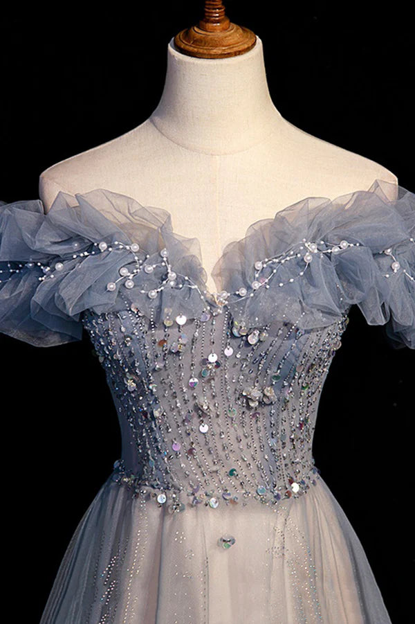 Wholesale High Quality Tulle Long Prom Dress with Beaded A-Line Evening Party Dress