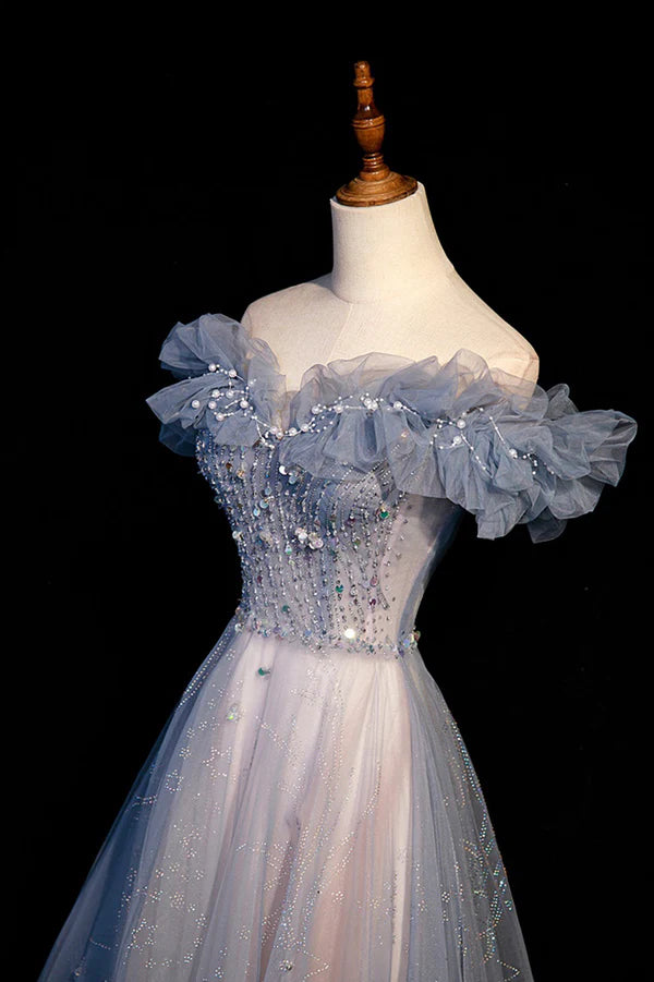 Wholesale High Quality Tulle Long Prom Dress with Beaded A-Line Evening Party Dress