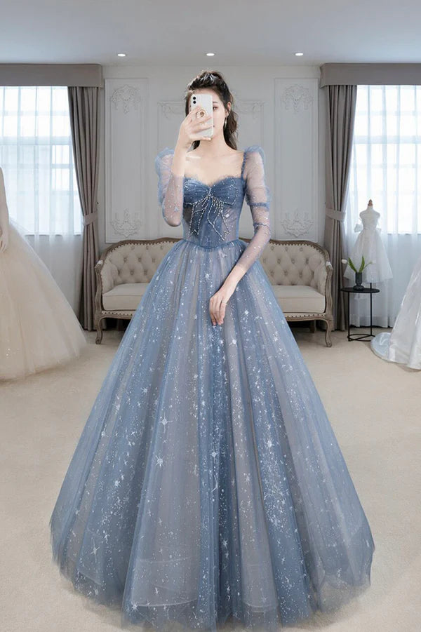 Wholesale Blue Tulle Beaded Long Prom Dress A-Line Long Sleeve Evening Dress