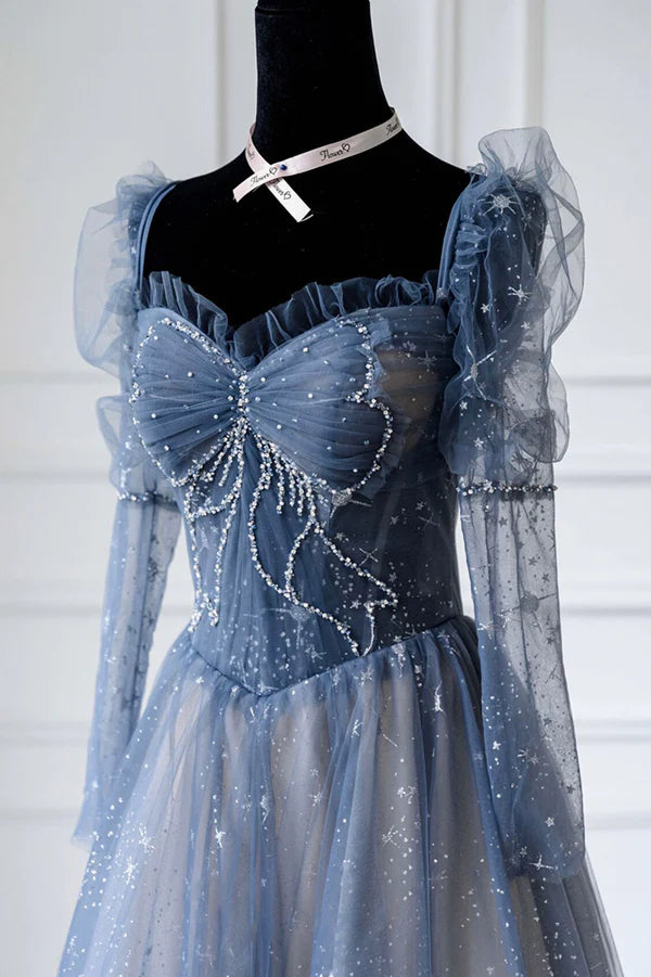 Wholesale Blue Tulle Beaded Long Prom Dress A-Line Long Sleeve Evening Dress
