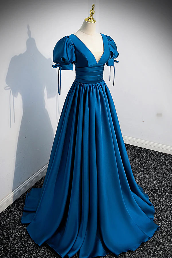 Wholesale Blue V-Neck Satin Long Prom Dress A-Line Short Sleeve Evening Dress