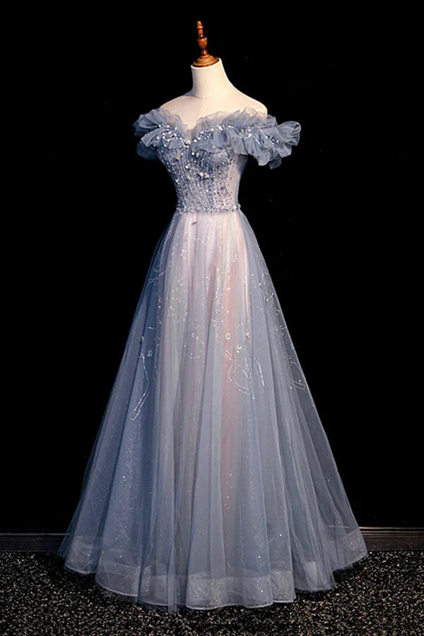 Wholesale High Quality Tulle Long Prom Dress with Beaded A-Line Evening Party Dress