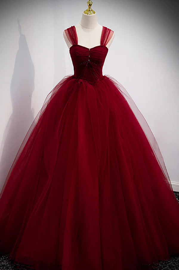 Wholesale Burgundy Tulle Long A-Line Evening Dress Off the Shoulder Formal Party Dress