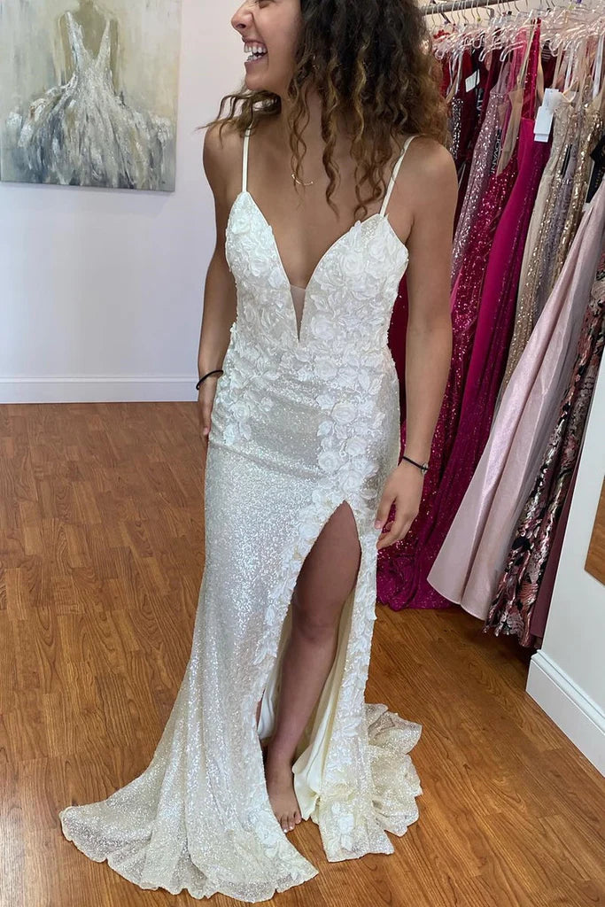 Wholesale Elegant Mermaid Light Blue Sequins Long Prom Dress with Floral Appliques