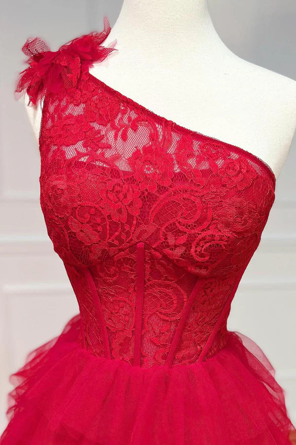 Wholesale Red One Shoulder Tulle Layers Long Prom Dress with Lace A-Line Evening Party Dress