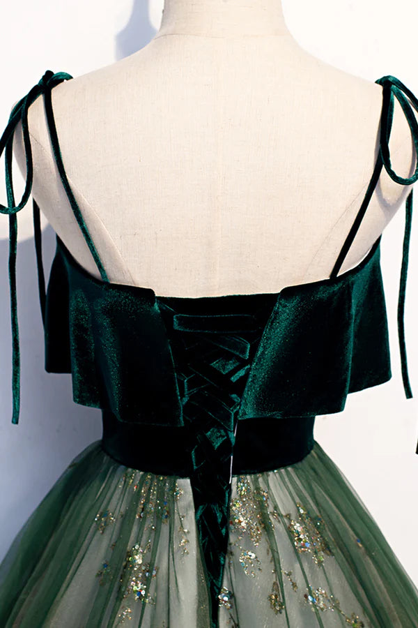 Wholesale Green Tulle Long A-Line Prom Dress Green Spaghetti Straps Graduation Dress