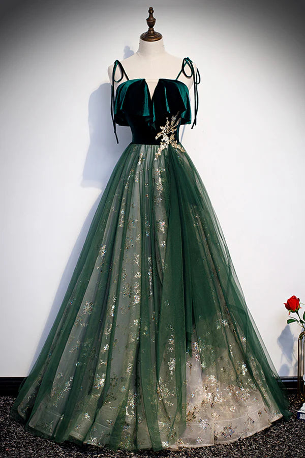 Wholesale Green Tulle Long A-Line Prom Dress Green Spaghetti Straps Graduation Dress