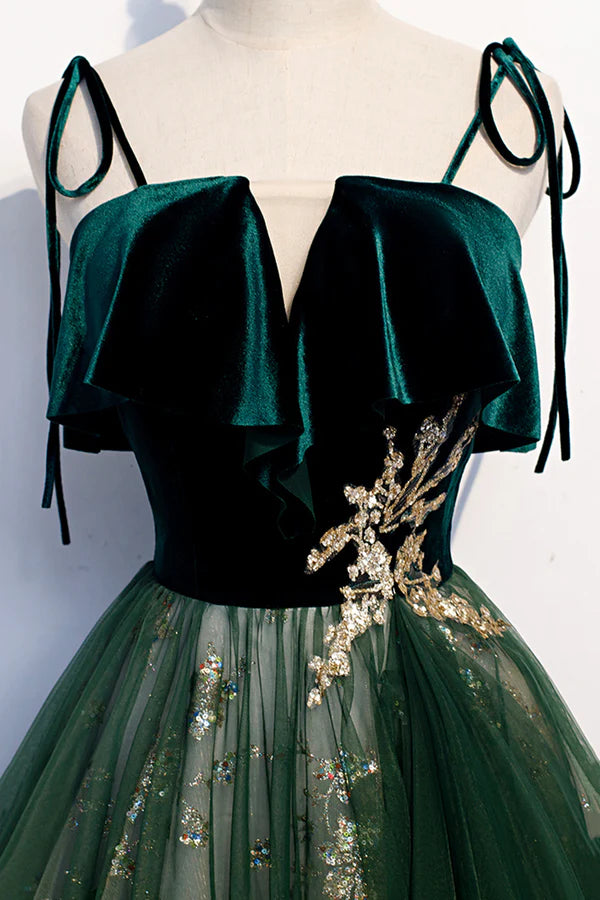 Wholesale Green Tulle Long A-Line Prom Dress Green Spaghetti Straps Graduation Dress