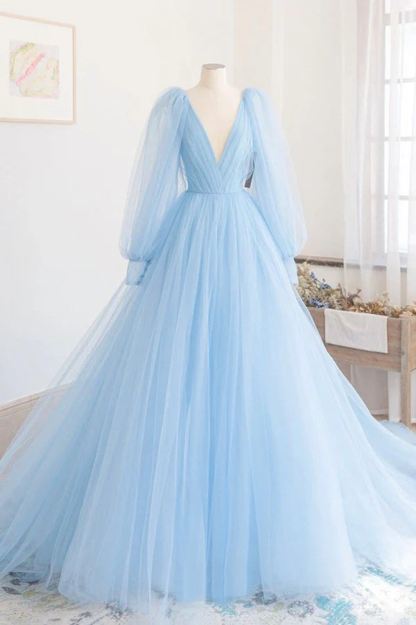 Wholesale Blue V-Neck Tulle Long Prom Dress A-Line Long Sleeve Evening Dress
