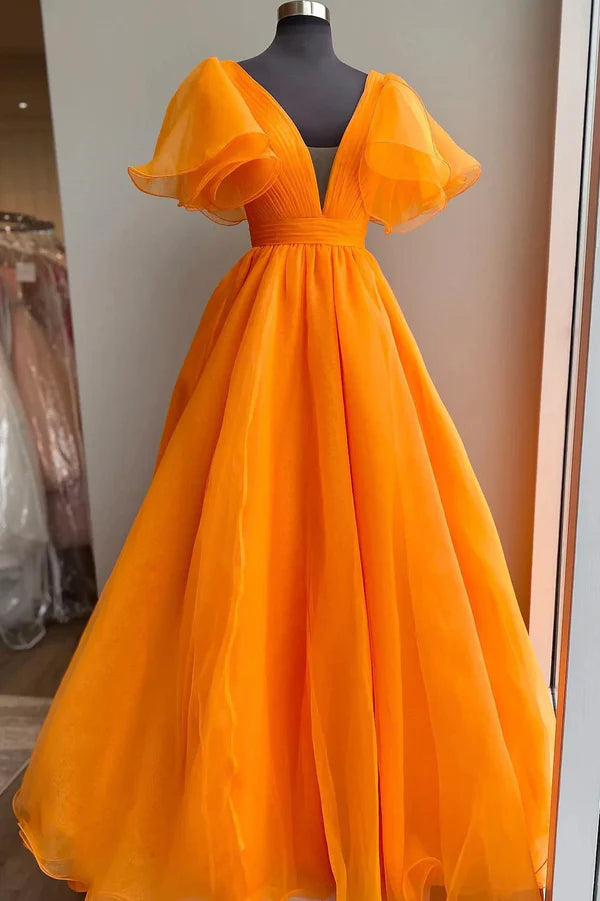 Wholesale Orange V-Neck Long Prom Dress Beautiful A-Line Short Sleeve Evening Dress