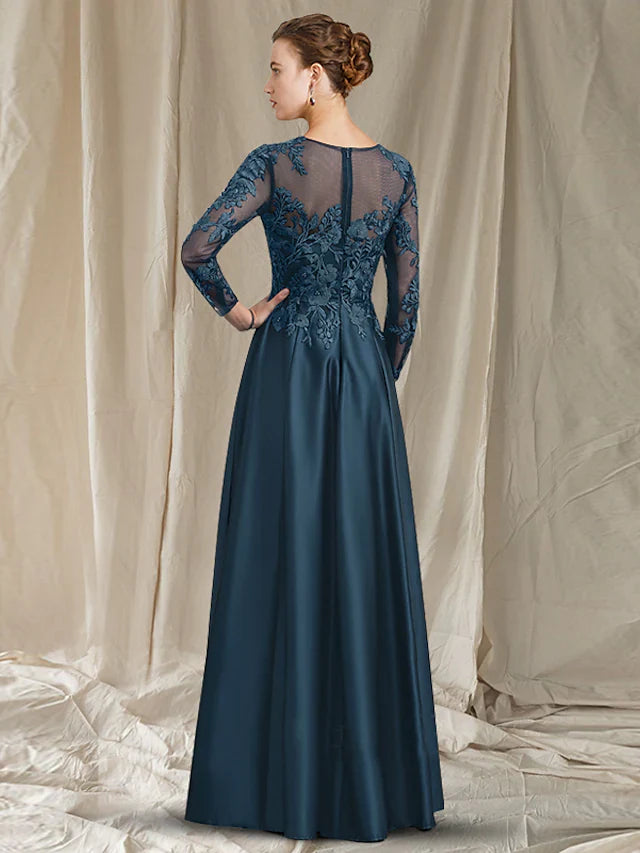 Wholesale A-Line Mother of the Bride Dress Elegant Jewel Neck Tea Length Lace Satin Half Sleeve with Pleats Appliques