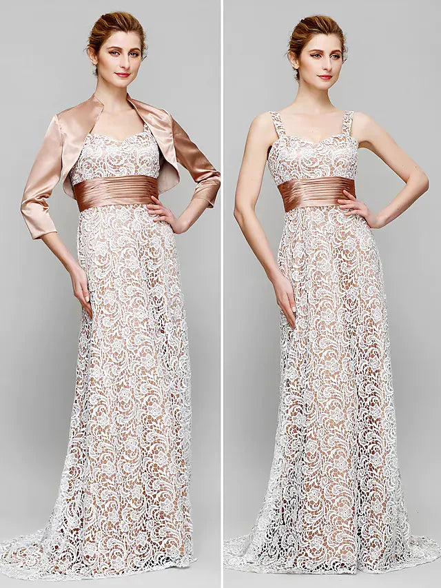 Wholesale Mother of the Bride Dress Convertible Dress Straps Lace Charmeuse Length Sleeve with Lace Ruched