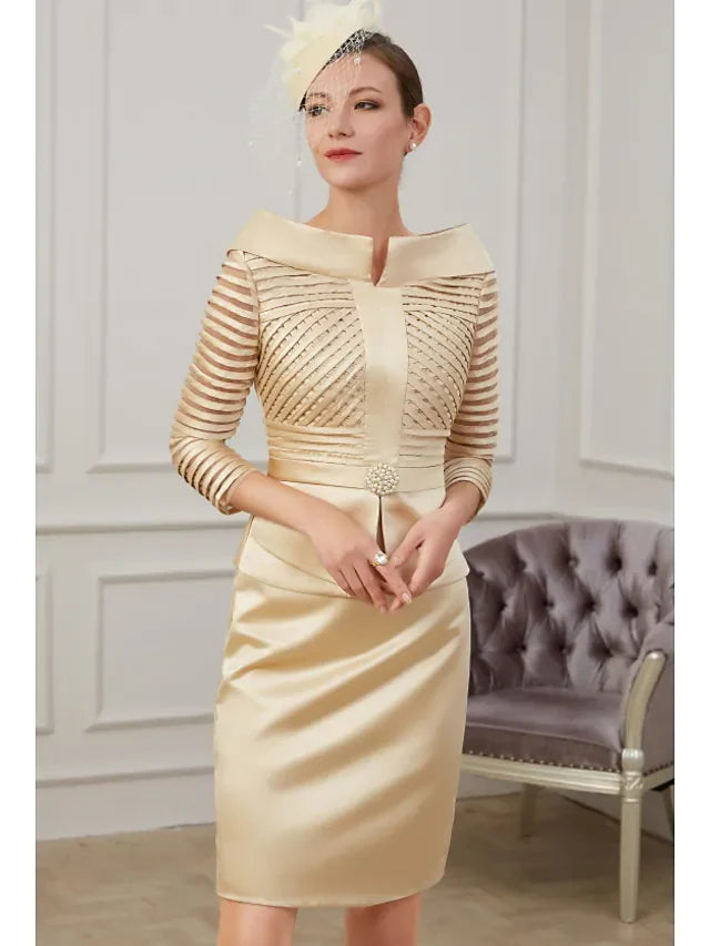 Wholesale Mother of the Bride Dress Plus Size Off Shoulder Knee Length Polyester 3/4 Length Sleeve with Ruching