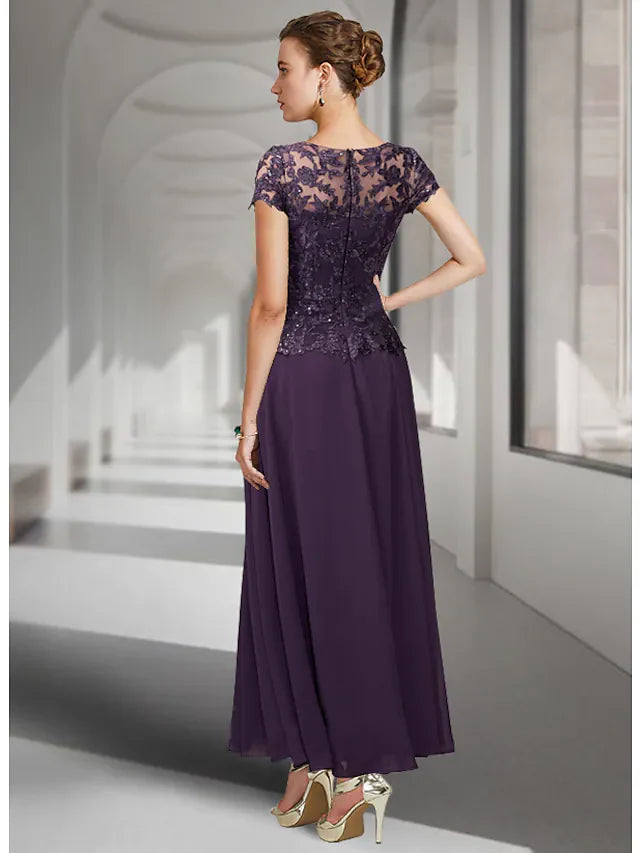Wholesale A-Line Mother of the Bride Dress Elegant Jewel Neck Ankle Length Chiffon Lace Short Sleeve with Pleats Appliques