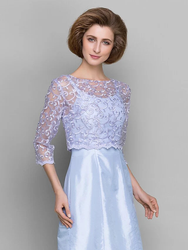 Wholesale Mother of the Bride Dress Convertible Dress Bateau Neck Knee Length Lace Taffeta Length Sleeve with Lace