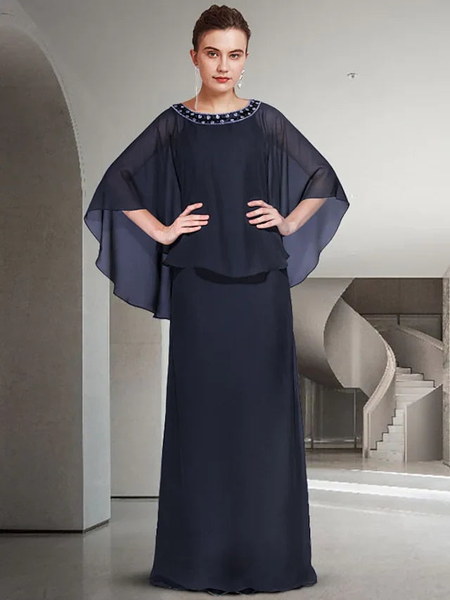 Wholesale Mother of the Bride Dress Elegant Jewel Neck Floor Length Chiffon Long Sleeve with Ruffles
