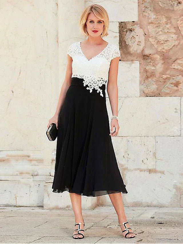 Wholesale A-Line Mother of the Bride Dress Plus Size V Neck Tea Length Chiffon Lace Short Sleeve with Lace Ruching