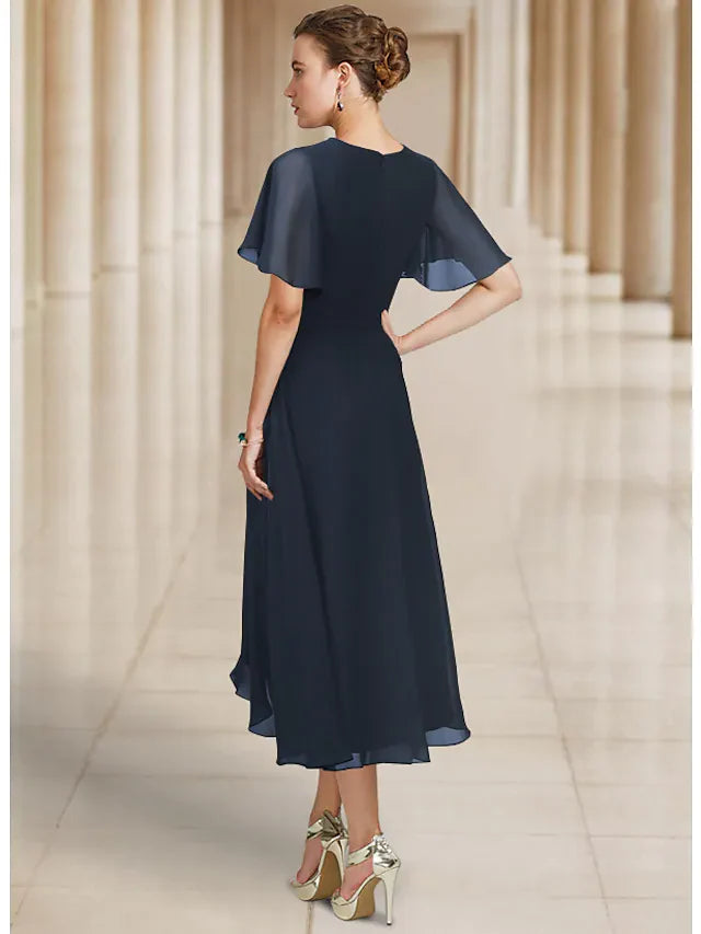 Wholesale A-Line Mother of the Bride Dress Elegant Jewel Neck Asymmetrical Chiffon Short Sleeve with Bow(s) Pleats