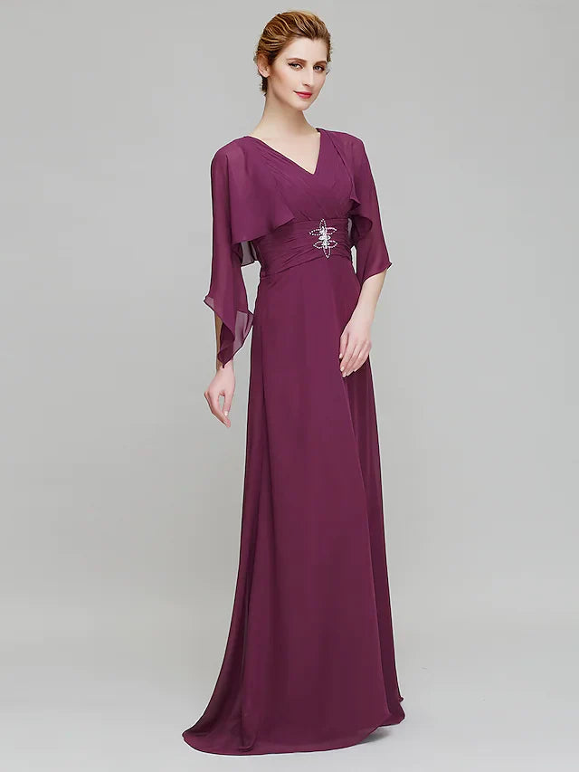 Wholesale Mother of the Bride Dress V Neck Floor Length Chiffon 3/4 Length Sleeve with Criss Cross Crystals