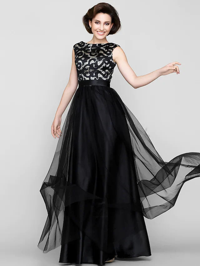 Wholesale A-Line Mother of the Bride Dress Vintage Inspired Scoop Neck Floor Length Tulle Sleeveless with Pattern Print