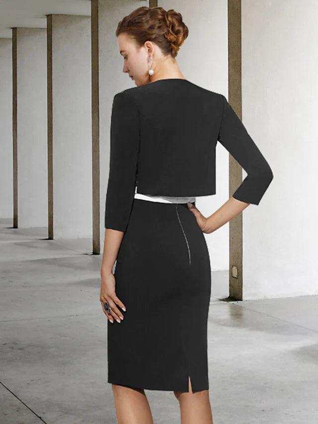 Wholesale Mother of the Bride Dress Elegant Jewel Neck Knee Length Lace Stretch Fabric Half Sleeve with Appliques